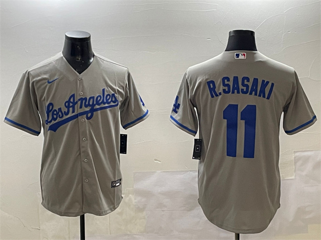 Men's Los Angeles Dodgers #11 Roki Sasaki Grey Cool Base Stitched Baseball Jersey Men's Los Angeles Dodgers #11 Roki Sasaki Grey Cool Base Stitched Baseball Jersey